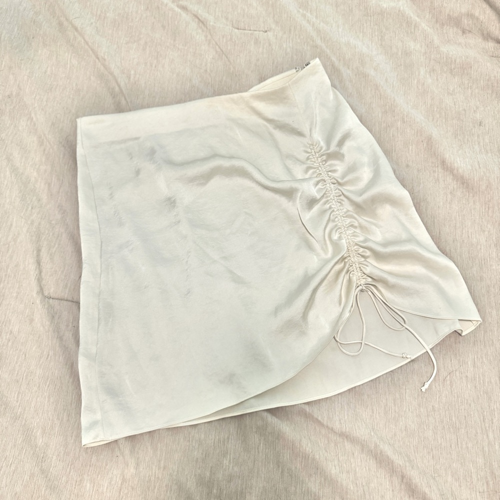 Wilfred Allusion Cinched Cream Skirt Satin Ruched Adjustable Mini Skirt